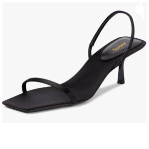 Maiyang Black Open Square Toe Slingback Satin Elastic Backstrap Mid Heel Sandals